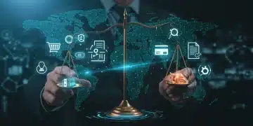 2025 E-commerce Law: 5 Major Regulatory Shifts Anticipated Digital legal scale balancing e-commerce symbols with regulatory documents, symbolizing upcoming legal shifts.