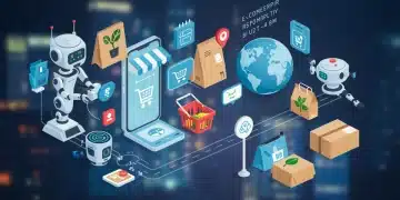 Futuristic e-commerce landscape illustrating key 2025 trends for US retailers, including AI and global reach.