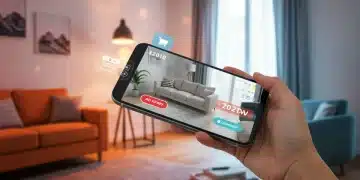 Augmented reality transforming e-commerce shopping experience in a modern living room setting.