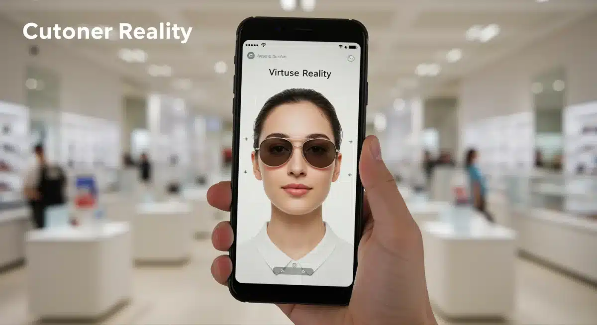 Customer virtually trying on sunglasses using augmented reality on a smartphone in a retail setting.