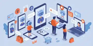 Digital illustration of conversational commerce with diverse customers interacting with AI and live agents for shopping.