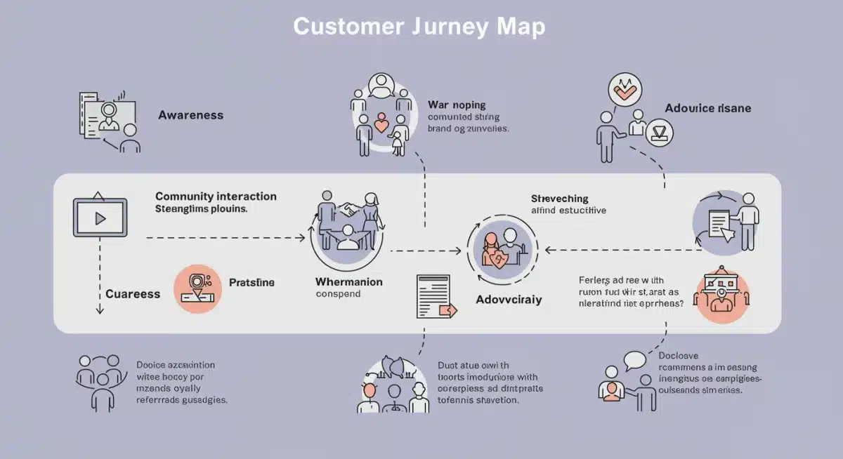 Customer journey map illustrating community impact on loyalty and referrals
