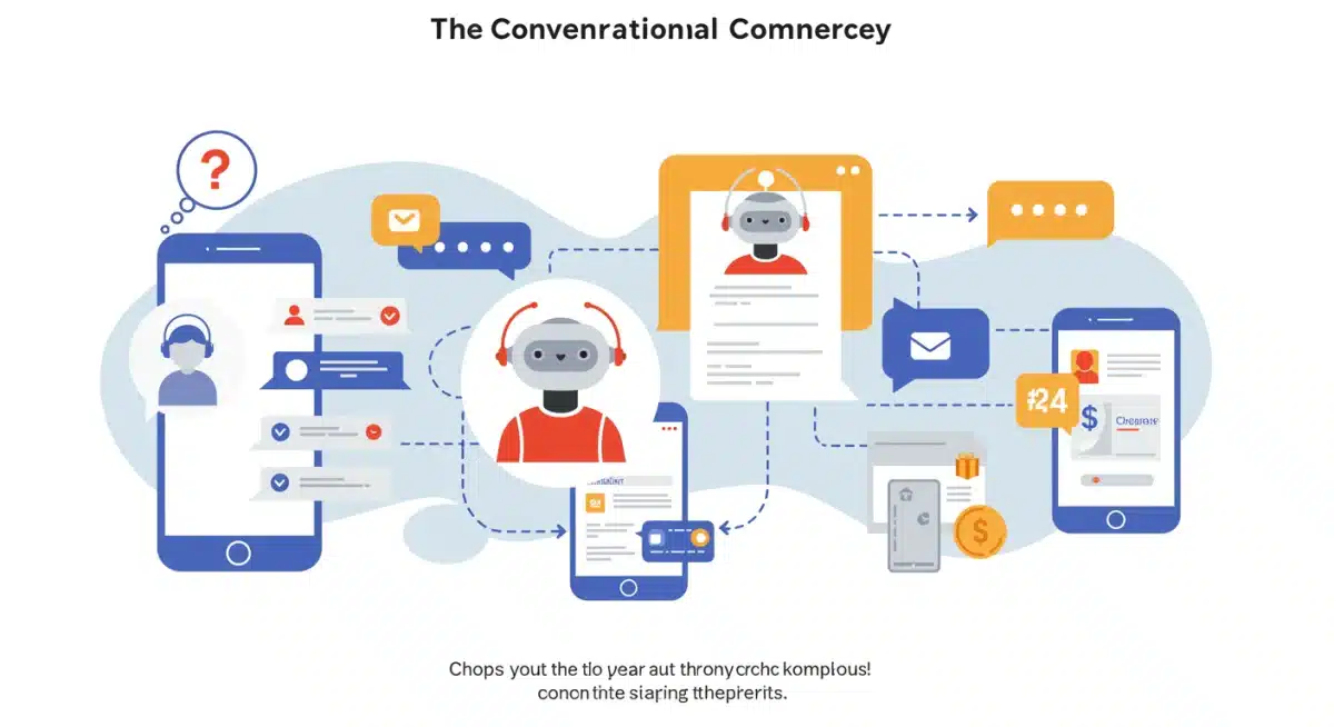 Customer journey map through a conversational commerce interface, showing steps from inquiry to support.