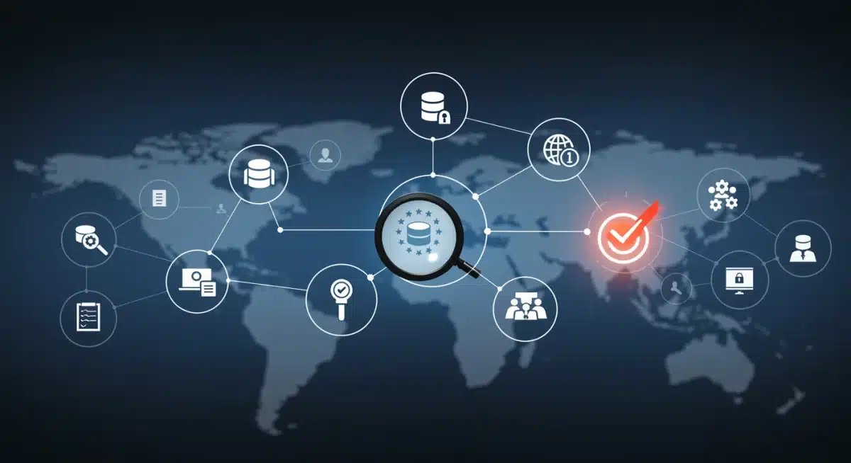 Network diagram of data flows with compliance checkpoints, illustrating regulatory complexity.