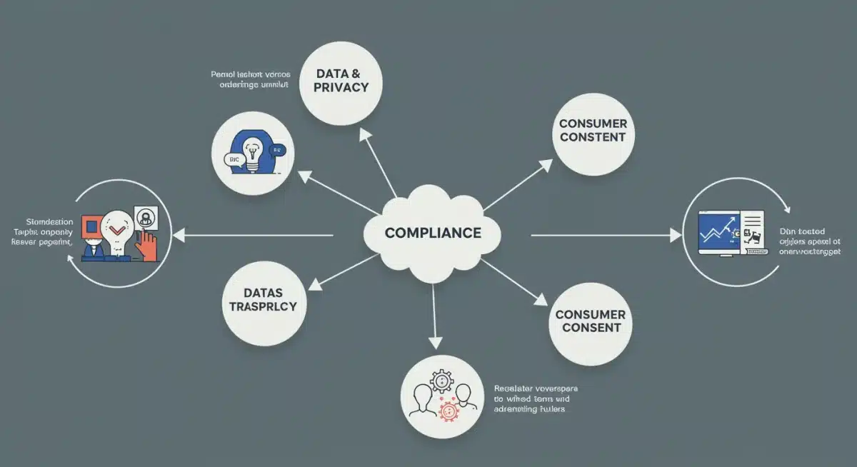 Infographic showing data privacy, transparency, consumer consent connecting to compliance hub for e-commerce ad regulations.