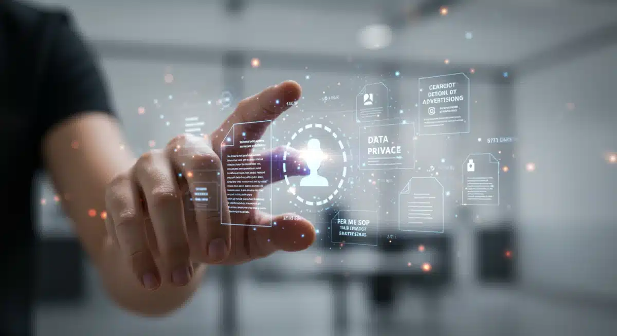 Hand interacting with holographic legal documents on data privacy and digital advertising.
