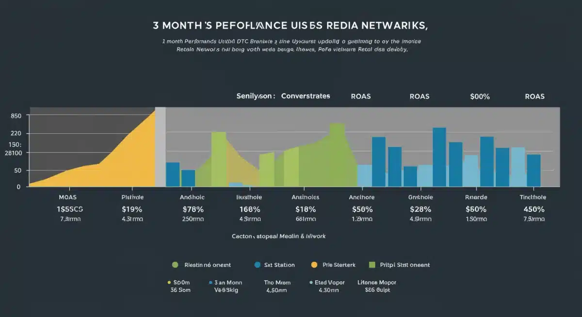 Infographic showing a 3-month performance analysis of DTC brands on retail media networks, detailing key metrics.