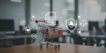 Illustration of a secure e-commerce platform with legal documents and a shield, representing consumer protection.