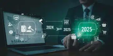 E-commerce Regulation: Enforcement Trends 2024 vs. 2025 Timeline graphic comparing e-commerce regulatory enforcement trends between 2024 and 2025, featuring legal and digital commerce symbols.