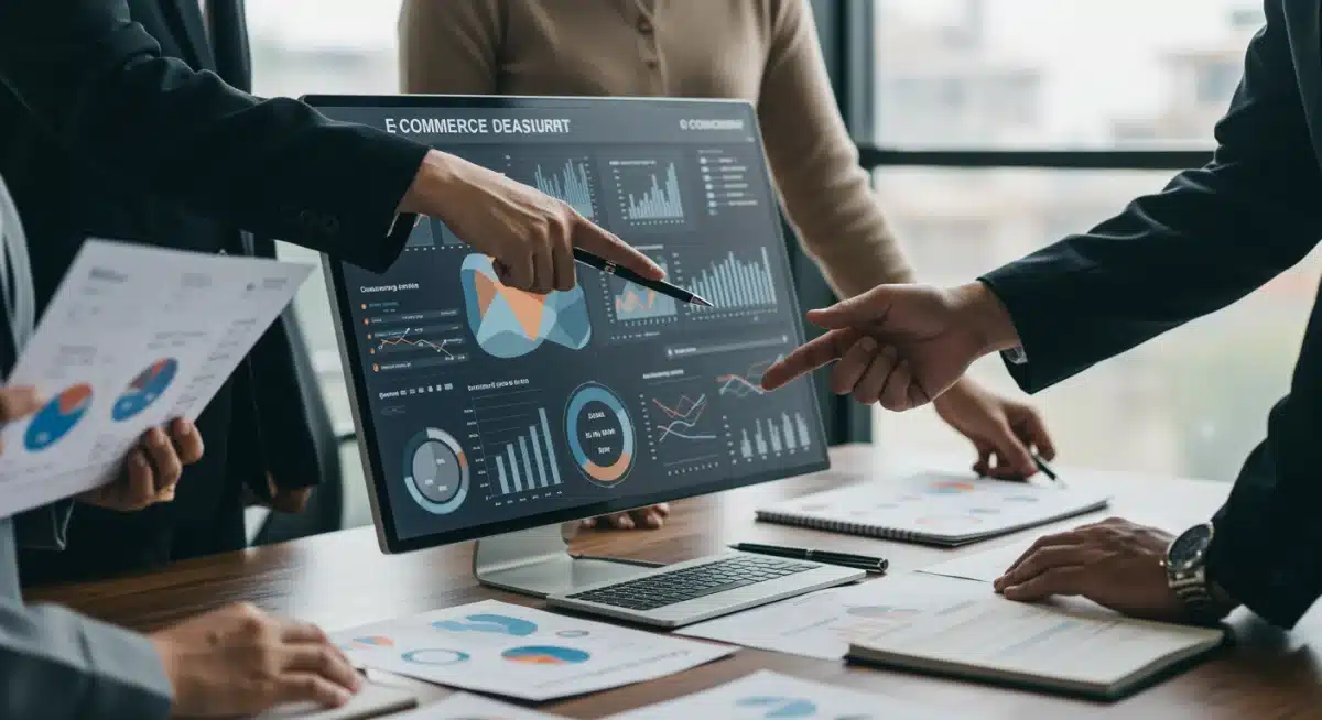 E-commerce team analyzing customer behavior data and sales trends on a large screen, leveraging advanced analytics for strategic decision-making.