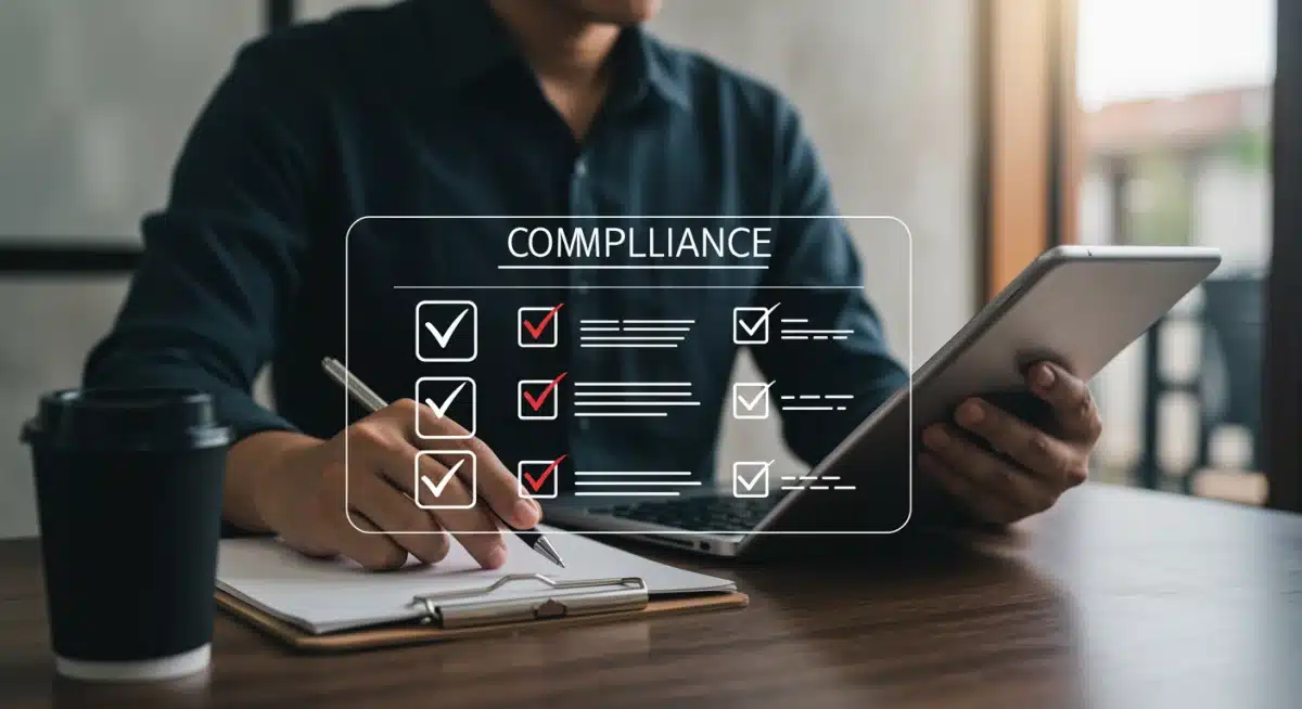 Compliance checklist with ticks, digital tablet showing legal guidelines, and person working at a desk, illustrating proactive regulatory adherence.
