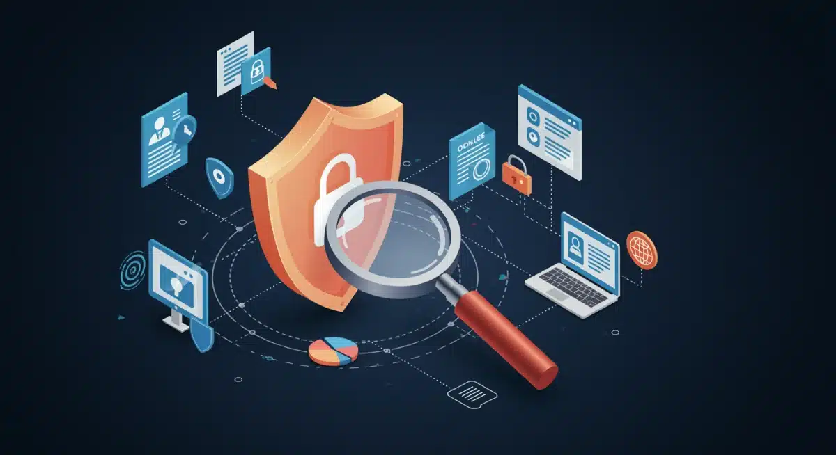 Digital illustration of a magnifying glass examining a security shield, symbolizing increased regulatory scrutiny and consumer data protection in e-commerce.