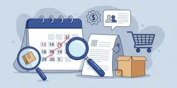 Calendar highlighting 2025 dates, magnifying glass on legal text, and a shopping cart, representing readiness for FTC e-commerce regulations.