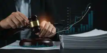 Gavel on legal documents with digital financial charts, symbolizing 2025 regulatory fines and financial impact.