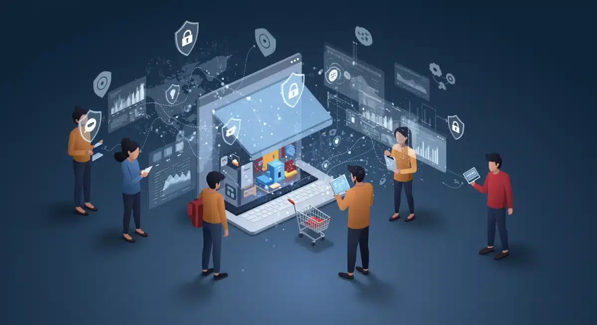 Global consumers engaging with secure e-commerce platforms, illustrating data privacy regulations.