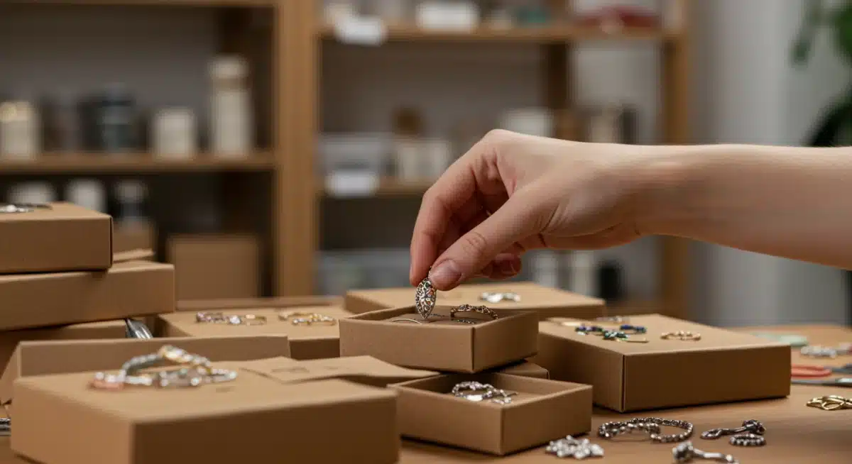 Hand placing handmade jewelry into packaging, emphasizing product quality