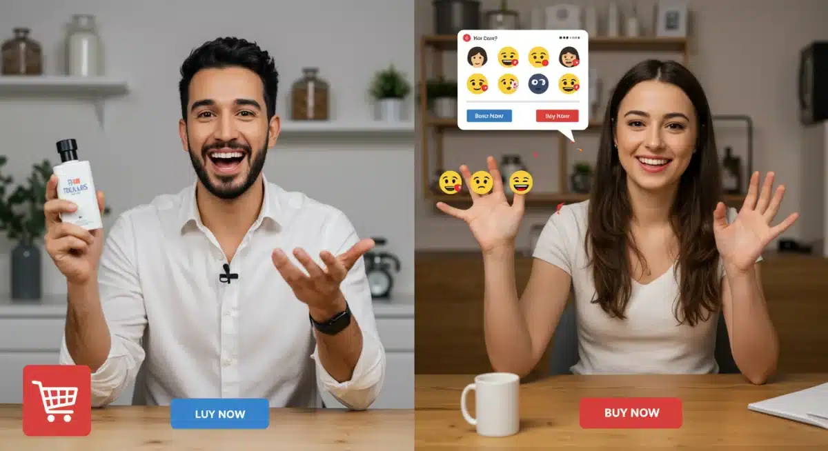 Live shopping host demonstrating product with interactive chat and purchase options