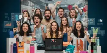 Live shopping event with diverse audience engaging with products on screen