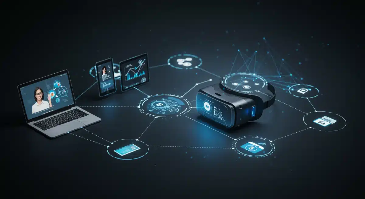 Interconnected digital platforms and VR headsets symbolizing meta-commerce integration