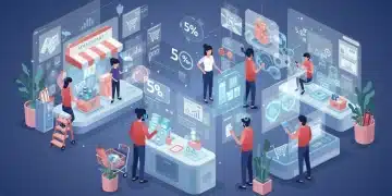 Metaverse marketplace with avatars and holographic products indicating 5% AOV growth