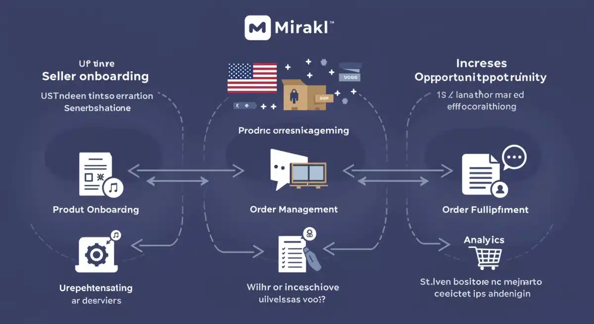 Infographic detailing Mirakl platform features for US sellers, highlighting onboarding, catalog, fulfillment, and analytics.