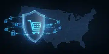 PrestaShop 2025 Module Releases: Boosting US E-commerce Security Digital shield protecting a shopping cart, symbolizing enhanced PrestaShop e-commerce security in 2025 for US businesses.