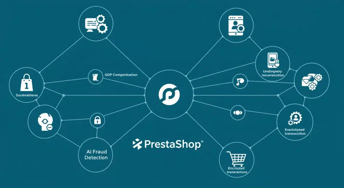 Infographic detailing PrestaShop's interconnected security features for 2025, including AI fraud detection and data encryption.