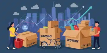 Subscription boxes arriving at homes, illustrating e-commerce growth and customer satisfaction in the US.