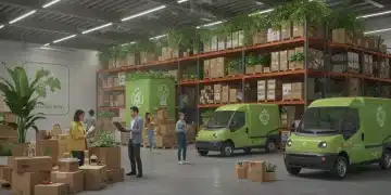 Eco-friendly e-commerce warehouse with green logistics and sustainable product packaging