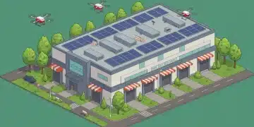 Sustainable e-commerce warehouse with solar panels and green surroundings