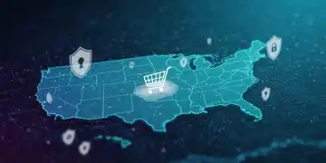 Digital illustration of data privacy shields over a US map with e-commerce cart, symbolizing new regulations.