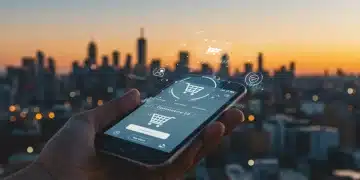 Volusion 2025 Enhancements: 7% Mobile Conversion Boost for US Stores Optimized mobile e-commerce checkout on smartphone with digital data streams